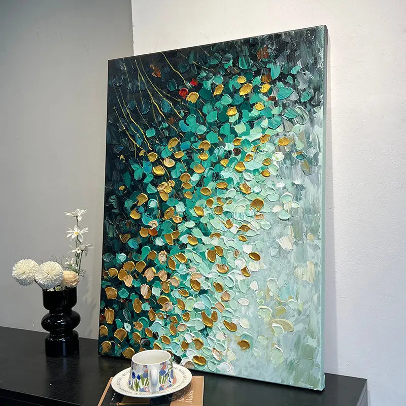 Teal Gold Abstract Painting – Cascading Petal Oil Artwork Artmeto Wood wall art