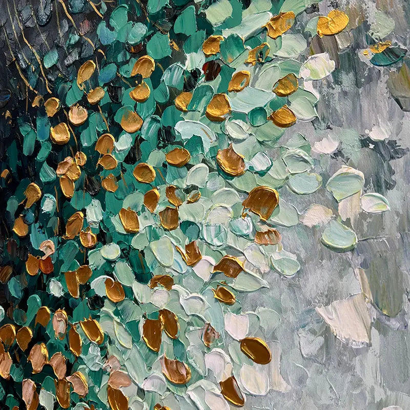 Teal Gold Abstract Painting – Cascading Petal Oil Artwork Artmeto Wood wall art