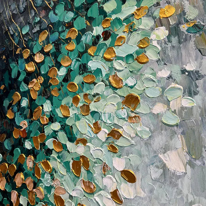 Teal Gold Abstract Painting – Cascading Petal Oil Artwork Artmeto Wood wall art