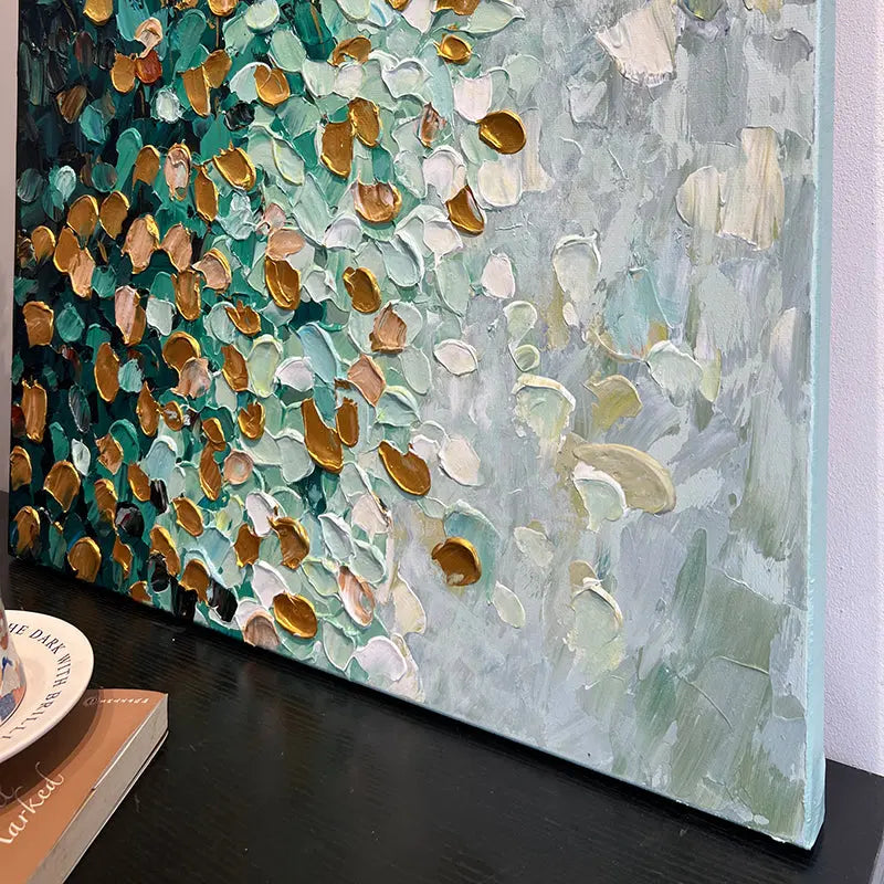 Teal Gold Abstract Painting – Cascading Petal Oil Artwork Artmeto Wood wall art