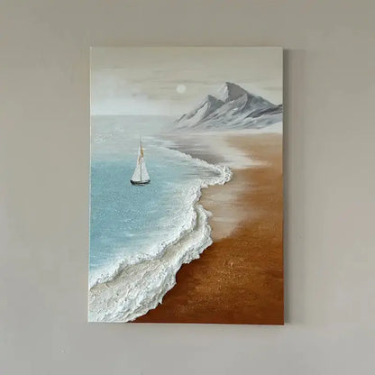 Textured Coastal Beach Oil Painting - Easy Sailboat Mountain Wall Art Artmeto Wood wall art
