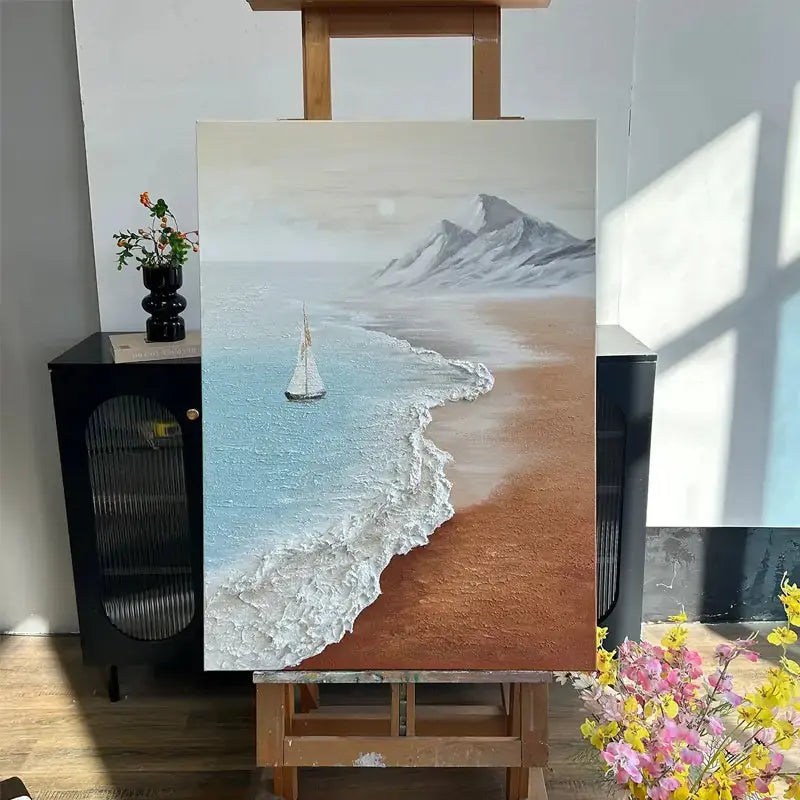 Textured Coastal Beach Oil Painting - Easy Sailboat Mountain Wall Art Artmeto Wood wall art