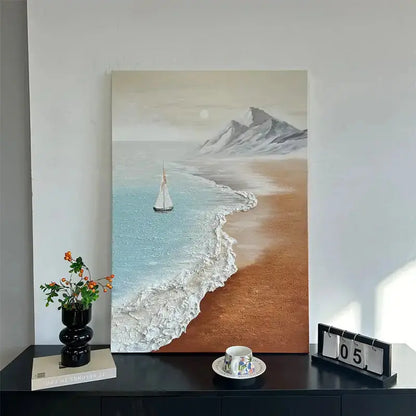 Textured Coastal Beach Oil Painting - Easy Sailboat Mountain Wall Art Artmeto Wood wall art