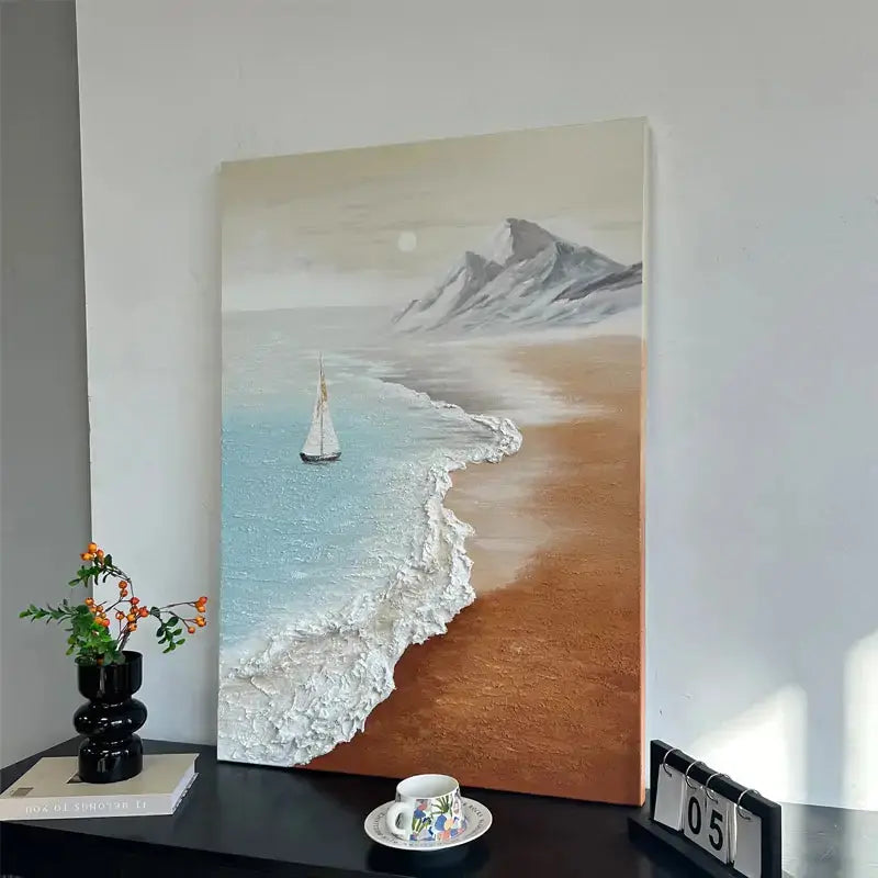 Textured Coastal Beach Oil Painting - Easy Sailboat Mountain Wall Art Artmeto Wood wall art