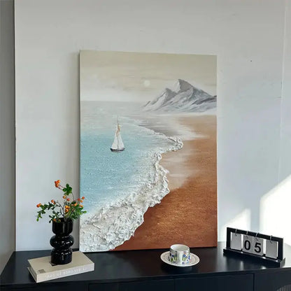 Textured Coastal Beach Oil Painting - Easy Sailboat Mountain Wall Art Artmeto Wood wall art