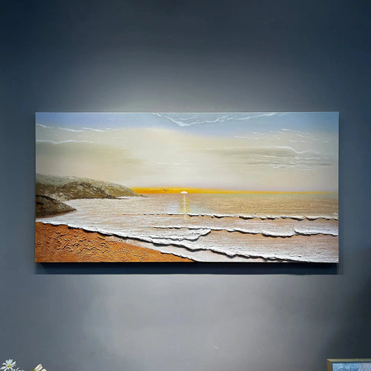 Textured Coastal Sunset Oil Painting-Beach Landscape Wall Art for Artmeto Wood wall art