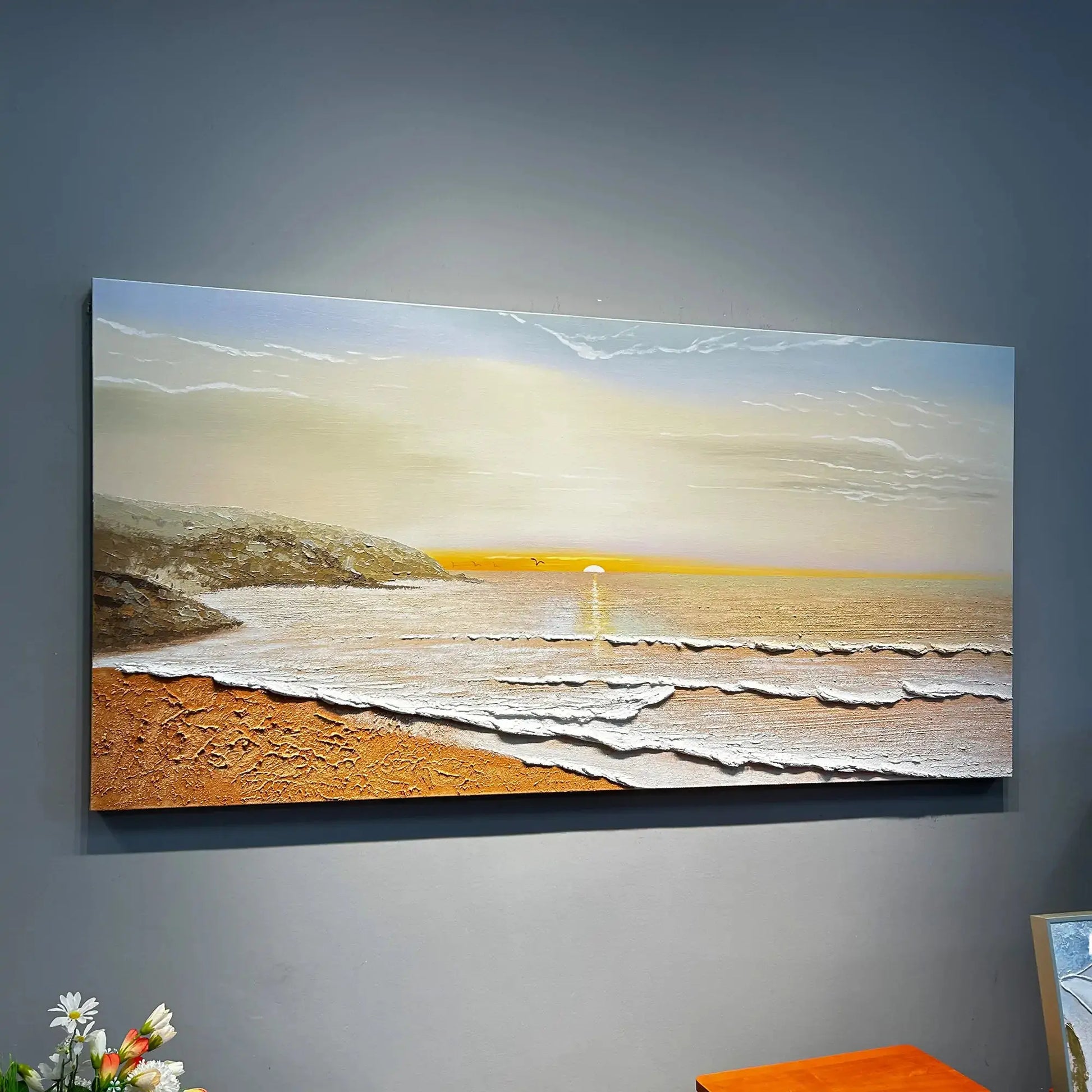 Textured Coastal Sunset Oil Painting-Beach Landscape Wall Art for Artmeto Wood wall art