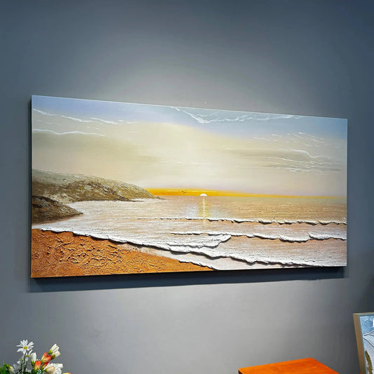 Textured Coastal Sunset Oil Painting-Beach Landscape Wall Art for Artmeto Wood wall art
