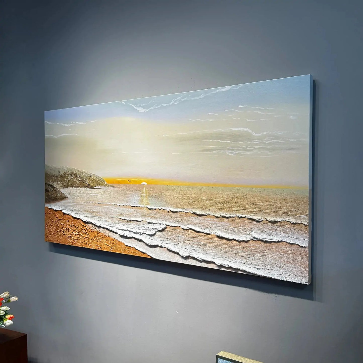 Textured Coastal Sunset Oil Painting-Beach Landscape Wall Art for Artmeto Wood wall art