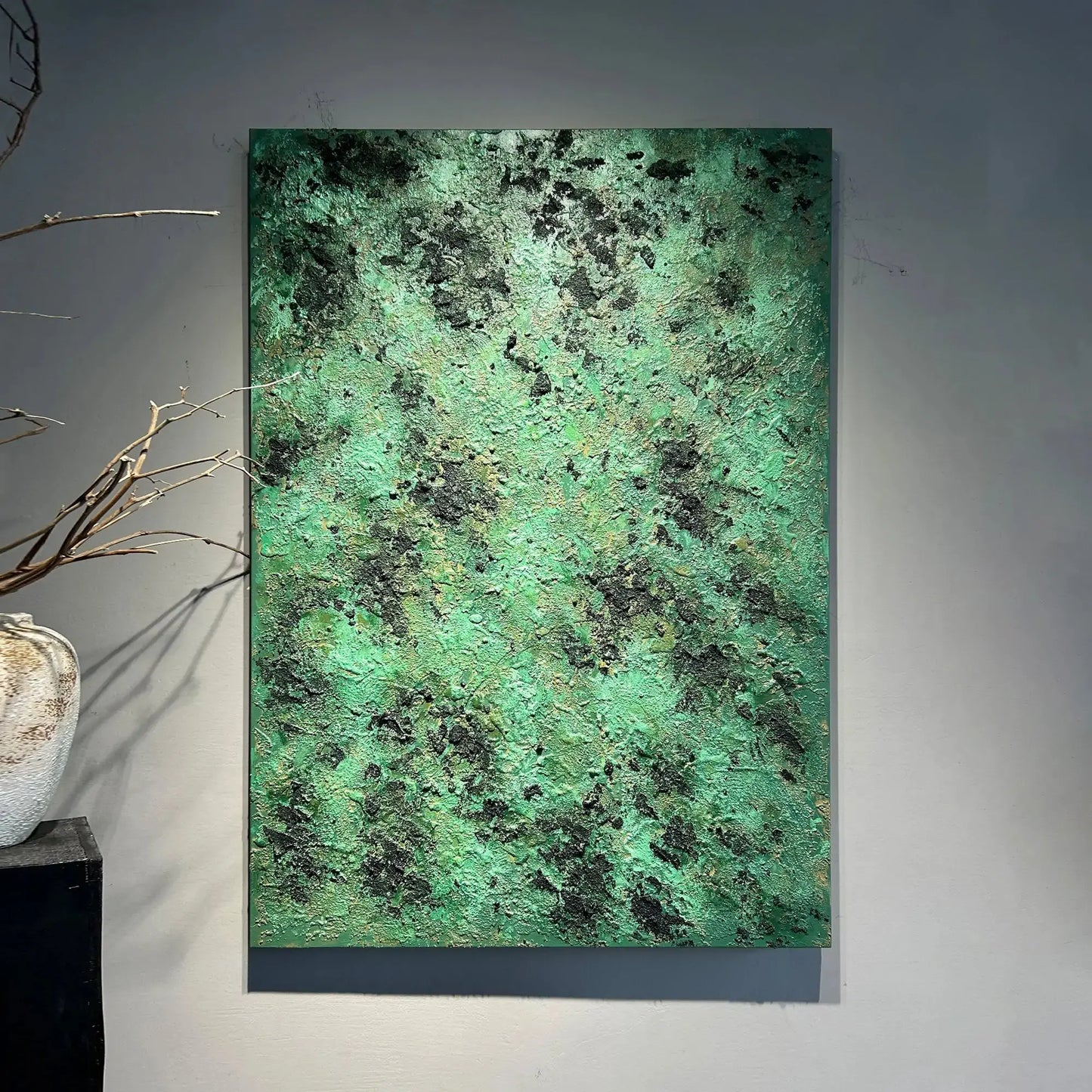 Textured Emerald Green Abstract Oil Painting Wabi Sabi Wall Art Decor Artmeto Wood wall art