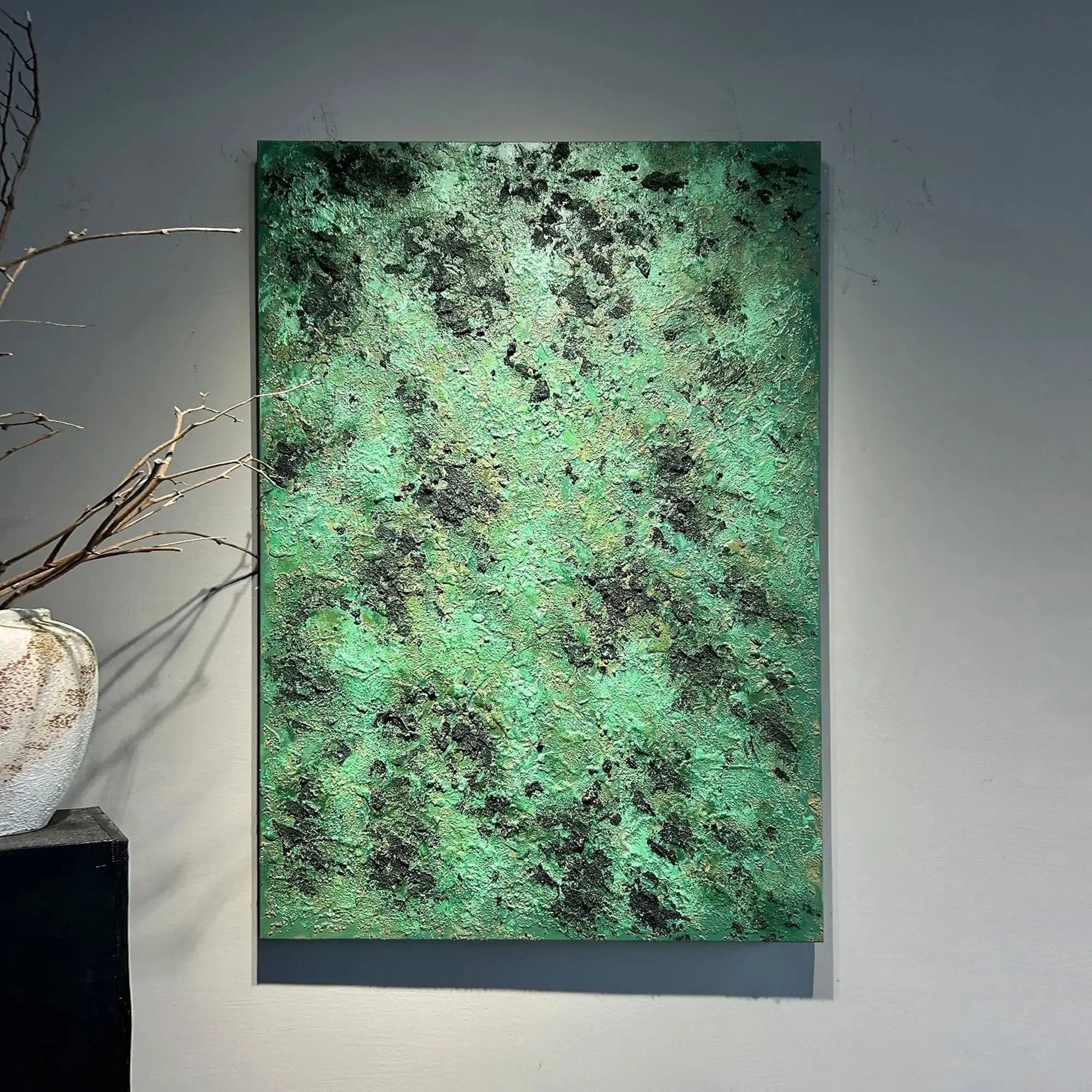 Textured Emerald Green Abstract Oil Painting Wabi Sabi Wall Art Decor Artmeto Wood wall art