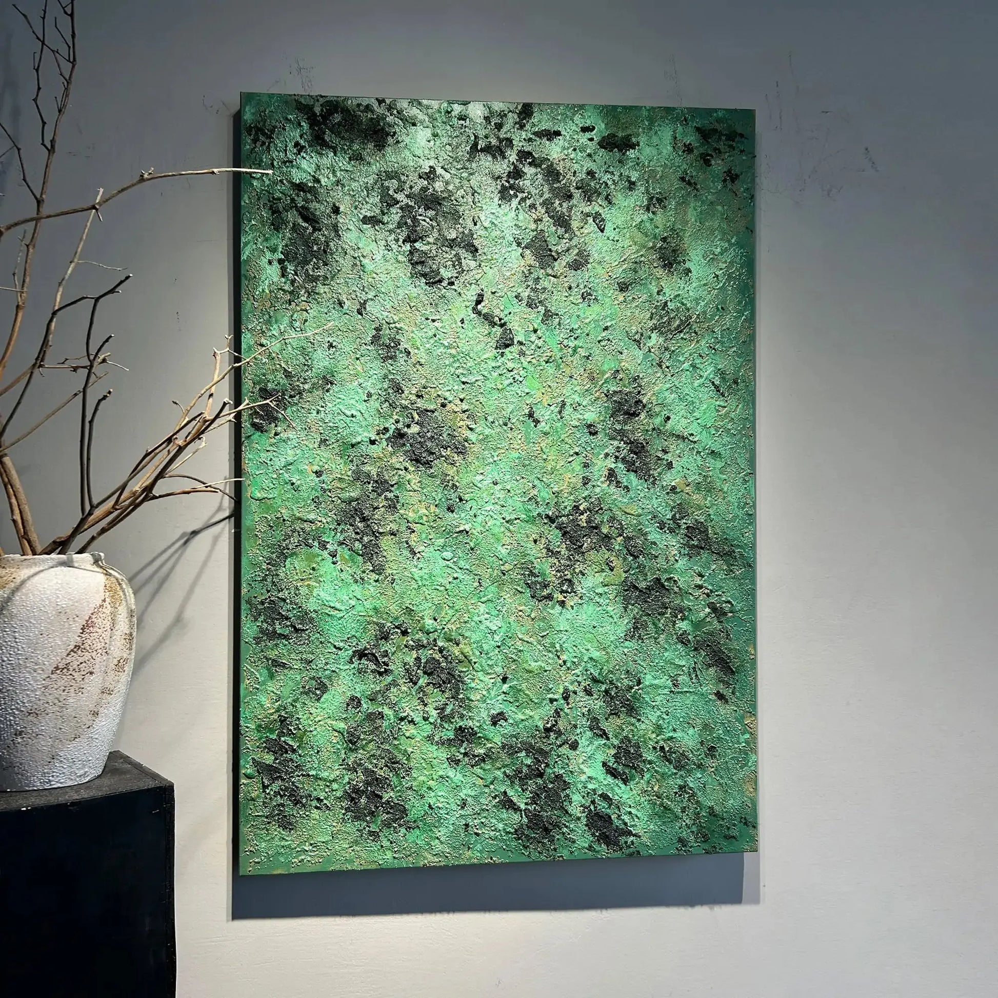 Textured Emerald Green Abstract Oil Painting Wabi Sabi Wall Art Decor Artmeto Wood wall art