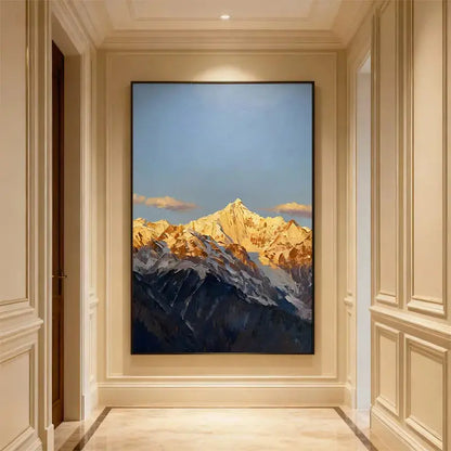 Textured Golden Snow Mountain Peak Oil Painting - Vertical Alpine Landscape Wall Art for Hallway Decor Artmeto Wood wall art