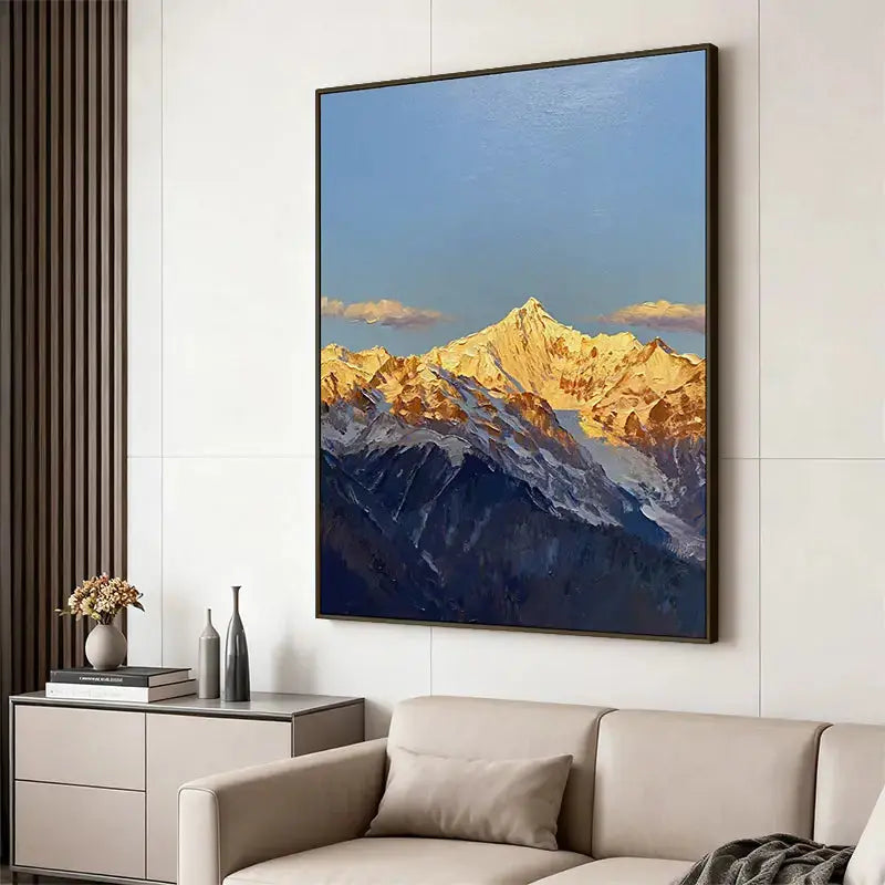Textured Golden Snow Mountain Peak Oil Painting - Vertical Alpine Landscape Wall Art for Hallway Decor Artmeto Wood wall art