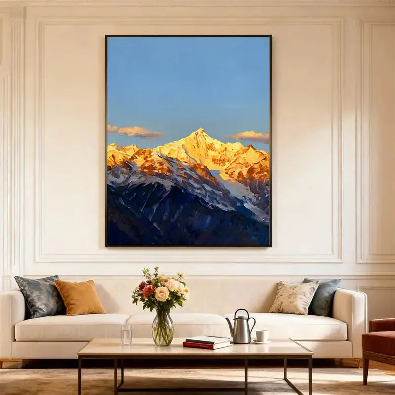 Textured Golden Snow Mountain Peak Oil Painting - Vertical Alpine Landscape Wall Art for Hallway Decor Artmeto Wood wall art
