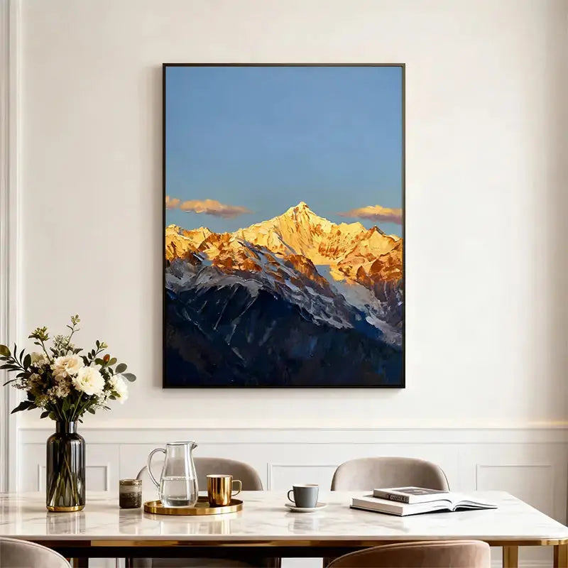 Textured Golden Snow Mountain Peak Oil Painting - Vertical Alpine Landscape Wall Art for Hallway Decor Artmeto Wood wall art