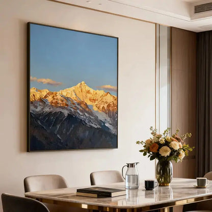 Textured Golden Snow Mountain Peak Oil Painting - Vertical Alpine Landscape Wall Art for Hallway Decor Artmeto Wood wall art