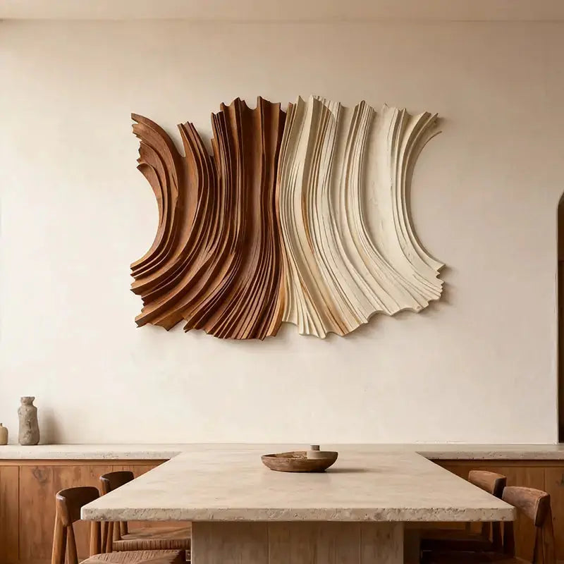 Two-Tone Natural Wood Fluid Form Layered Wave Sculpture Artmeto Wood wall art-1