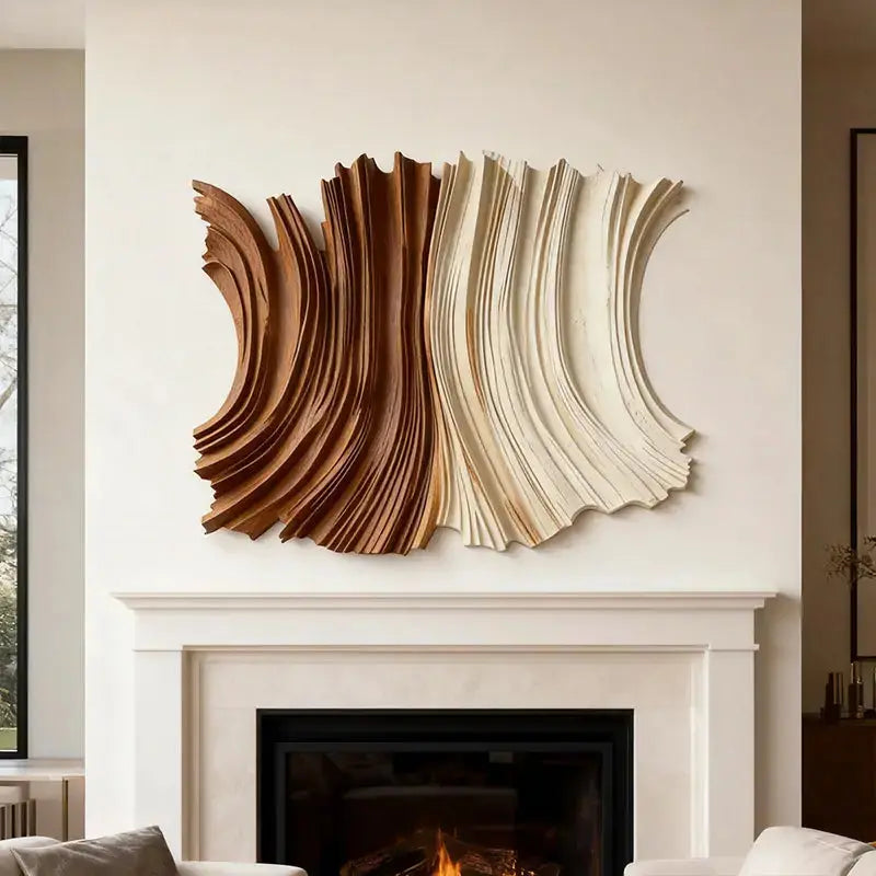 Two-Tone Natural Wood Fluid Form Layered Wave Sculpture Artmeto Wood wall art-2