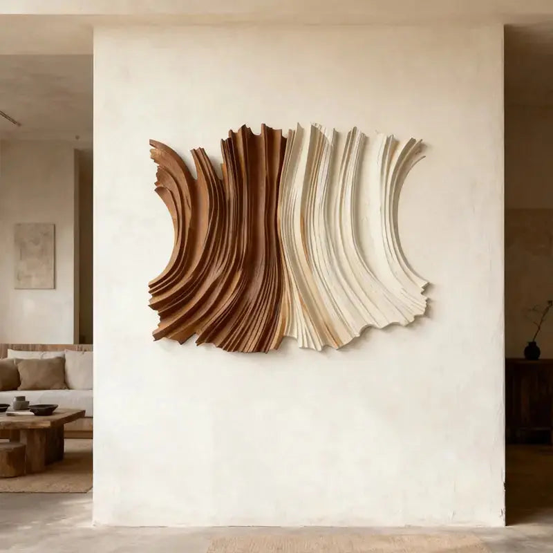 Two-Tone Natural Wood Fluid Form Layered Wave Sculpture Artmeto Wood wall art-3