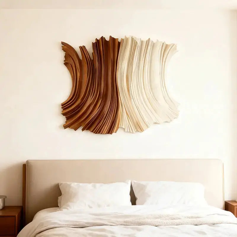 Two-Tone Natural Wood Fluid Form Layered Wave Sculpture Artmeto Wood wall art-4