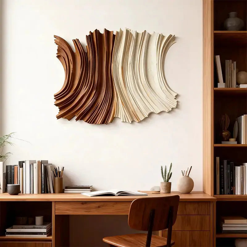 Two-Tone Natural Wood Fluid Form Layered Wave Sculpture Artmeto Wood wall art-5