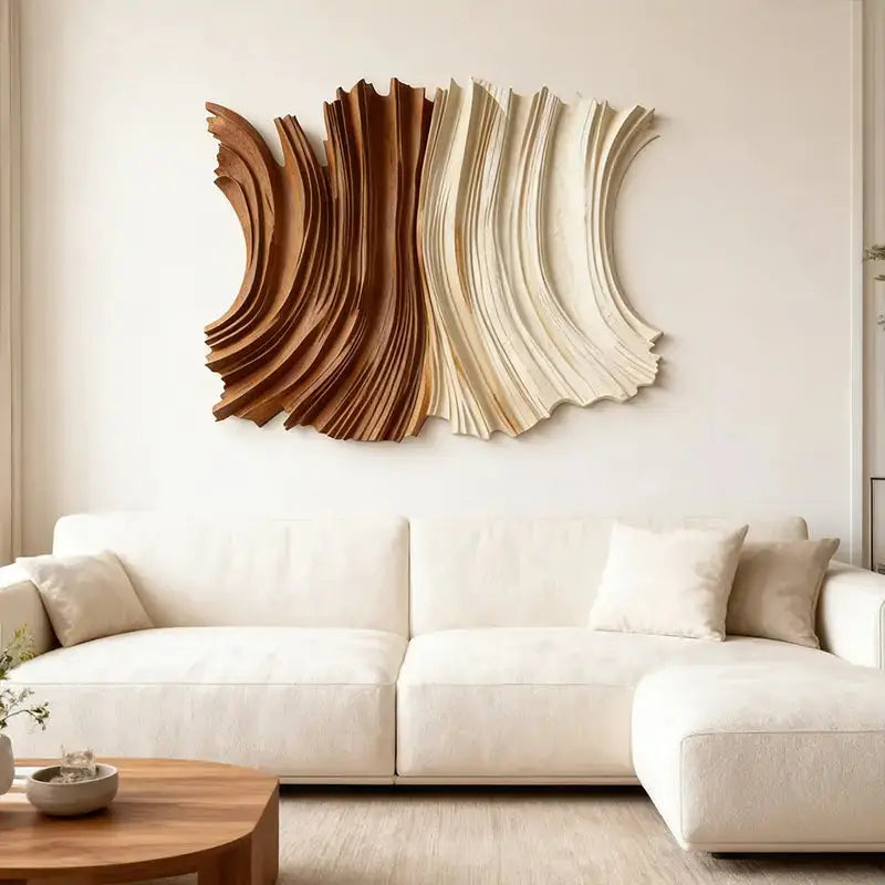 Two-Tone Natural Wood Fluid Form Layered Wave Sculpture Artmeto Wood wall art-6