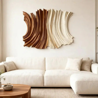 Two-Tone Natural Wood Fluid Form Layered Wave Sculpture Artmeto Wood wall art-6