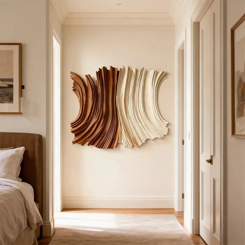 Two-Tone Natural Wood Fluid Form Layered Wave Sculpture Artmeto Wood wall art-7