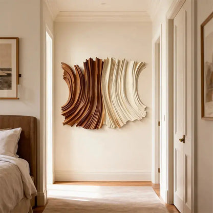 Two-Tone Natural Wood Fluid Form Layered Wave Sculpture Artmeto Wood wall art-7