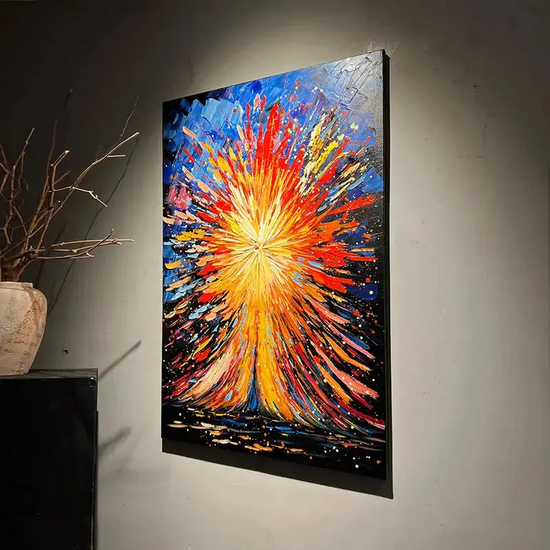 Vibrant Burst Abstract Art - Red Gold Blue Textured Canvas Wall Decor Artmeto Wood wall art