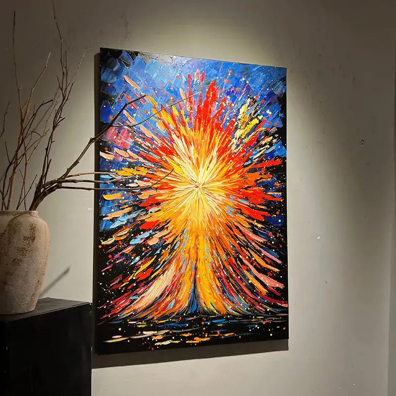 Vibrant Burst Abstract Art - Red Gold Blue Textured Canvas Wall Decor Artmeto Wood wall art