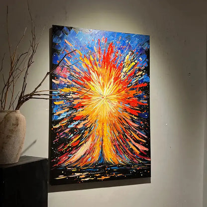 Vibrant Burst Abstract Art - Red Gold Blue Textured Canvas Wall Decor Artmeto Wood wall art