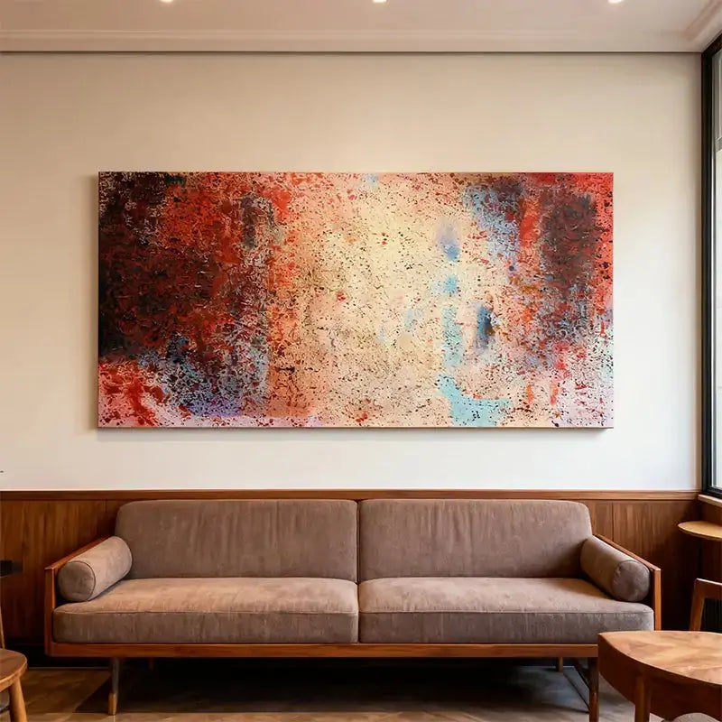Vibrant Red & Sky Blue Speckled Bold Contrast Abstract Expressionist Painting Artmeto Wood wall art