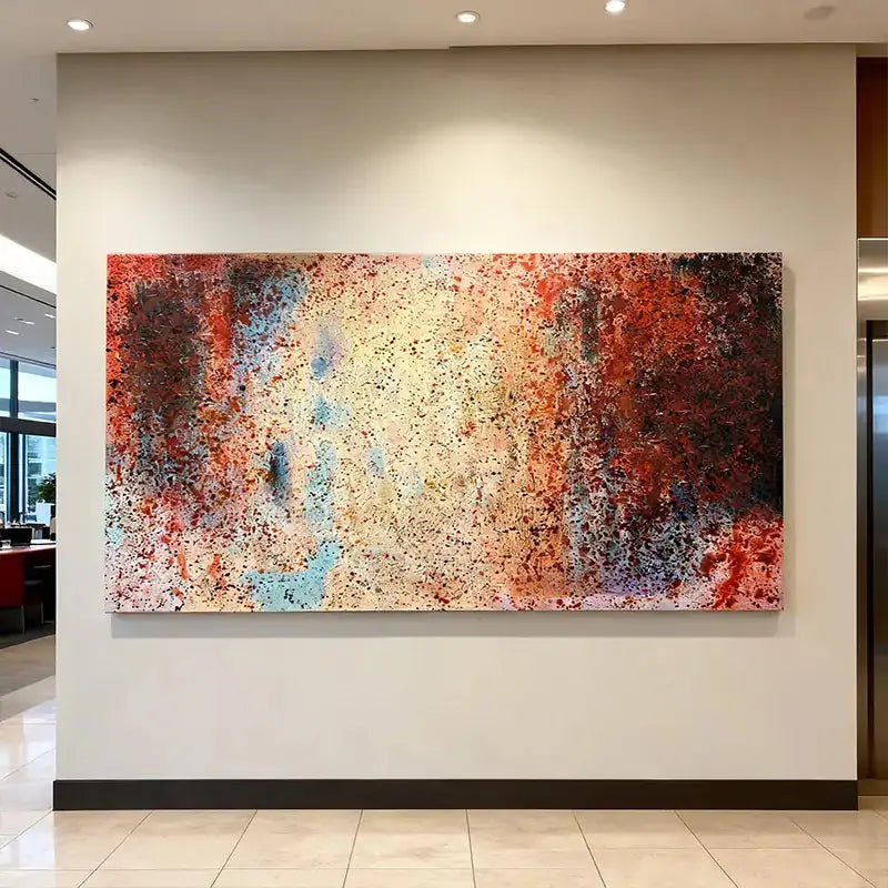Vibrant Red & Sky Blue Speckled Bold Contrast Abstract Expressionist Painting Artmeto Wood wall art