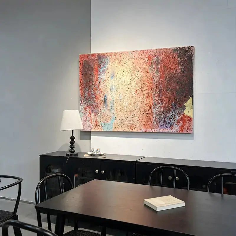Vibrant Red & Sky Blue Speckled Bold Contrast Abstract Expressionist Painting Artmeto Wood wall art