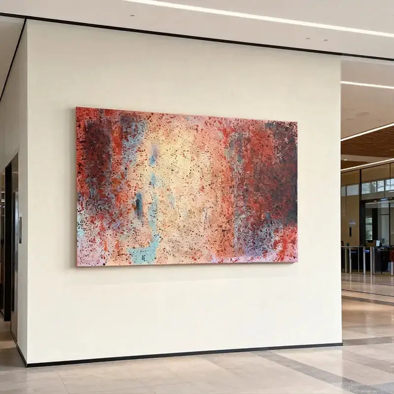 Vibrant Red & Sky Blue Speckled Bold Contrast Abstract Expressionist Painting Artmeto Wood wall art