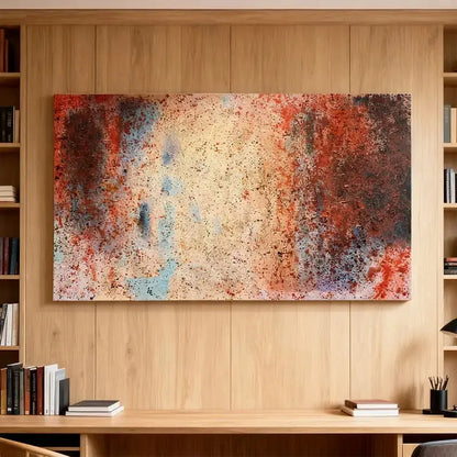 Vibrant Red & Sky Blue Speckled Bold Contrast Abstract Expressionist Painting Artmeto Wood wall art