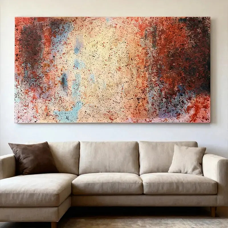 Vibrant Red & Sky Blue Speckled Bold Contrast Abstract Expressionist Painting Artmeto Wood wall art