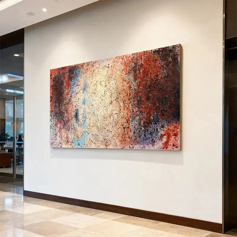 Vibrant Red & Sky Blue Speckled Bold Contrast Abstract Expressionist Painting Artmeto Wood wall art