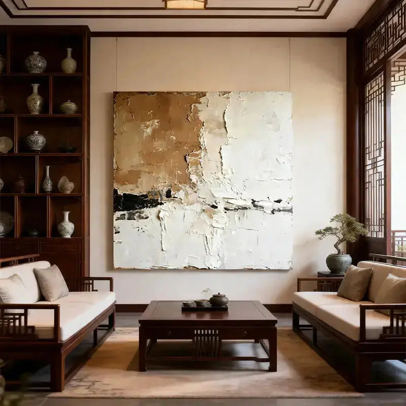 Wabi-Sabi Abstract Art | Beige & White Textured Canvas Painting Artmeto Wood wall art