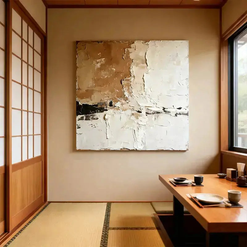 Wabi-Sabi Abstract Art | Beige & White Textured Canvas Painting Artmeto Wood wall art