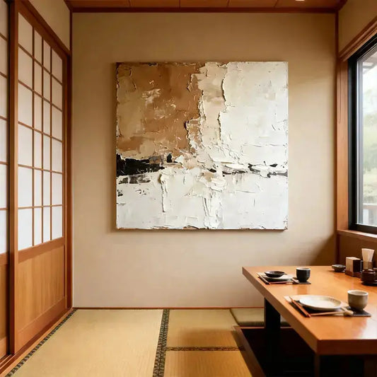 Wabi-Sabi Abstract Art | Beige & White Textured Canvas Painting Artmeto Wood wall art