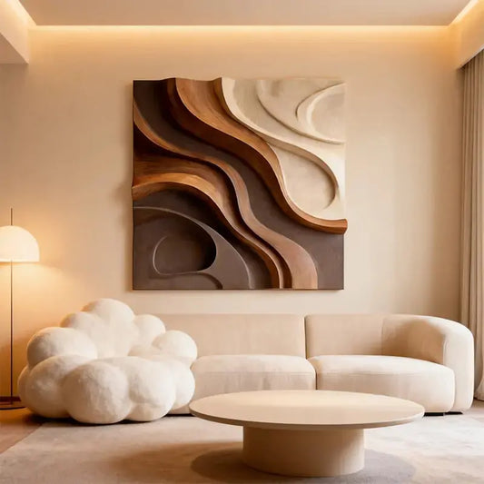 Walnut & Cream Wave 3D Wood Relief Textured Wall Art Artmeto Wood wall art