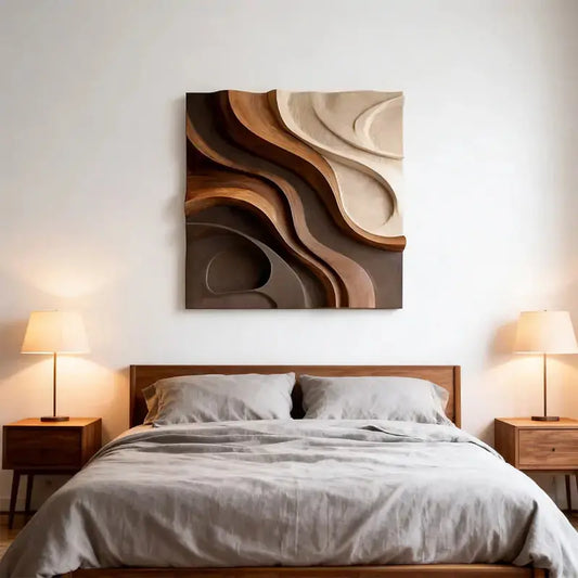 Walnut & Cream Wave 3D Wood Relief Textured Wall Art Artmeto Wood wall art