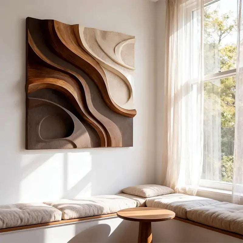 Walnut & Cream Wave 3D Wood Relief Textured Wall Art Artmeto Wood wall art