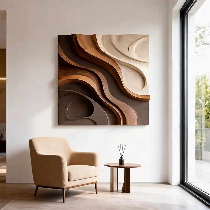 Walnut & Cream Wave 3D Wood Relief Textured Wall Art Artmeto Wood wall art