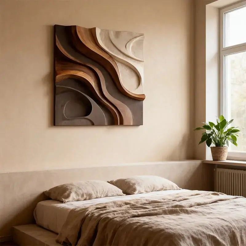 Walnut & Cream Wave 3D Wood Relief Textured Wall Art Artmeto Wood wall art