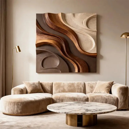 Walnut & Cream Wave 3D Wood Relief Textured Wall Art Artmeto Wood wall art