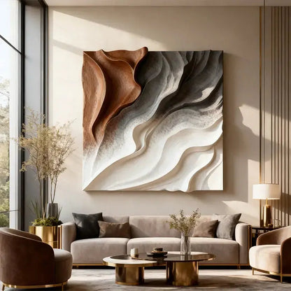 Walnut & Cream Wave 3D Wood Relief Textured Wall Art（副本） Artmeto Wood wall art